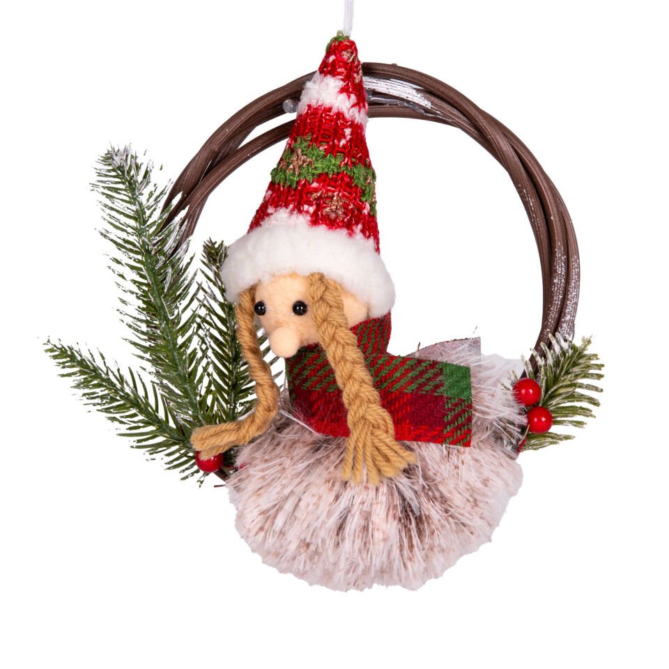 Yılbaşı Süsü, Çelenk, Kardan Kadın Figürlü, Kırmızı - 15x15 cm