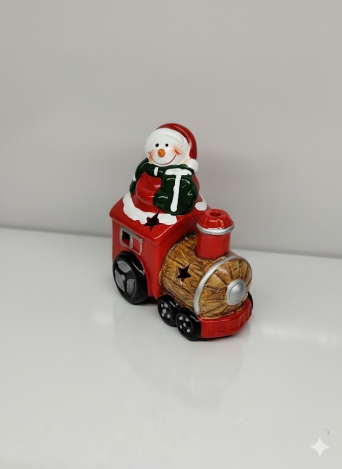 Yılbaşı Treni, Kardan Adam Figürlü, Kırmızı - Işıklı, Seramik