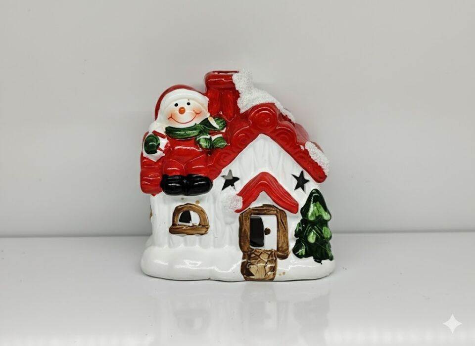 Yılbaşı Süsü, Beyaz Ev, Çatıda Kardan Adam Figürlü - Işıklı, Seramik