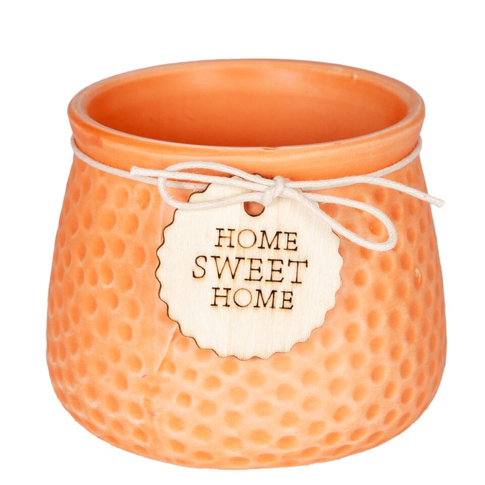Seramik Saksı, 'Home Sweet Home' Aksesuarlı, Turuncu - 10,5x8 cm