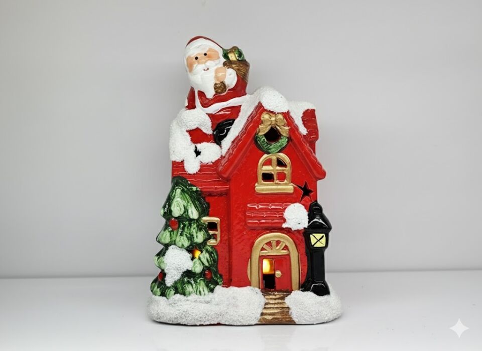 Biblo, Yılbaşı Evi, Noel Baba Figürlü - Işıklı, Seramik, Masa Süsü