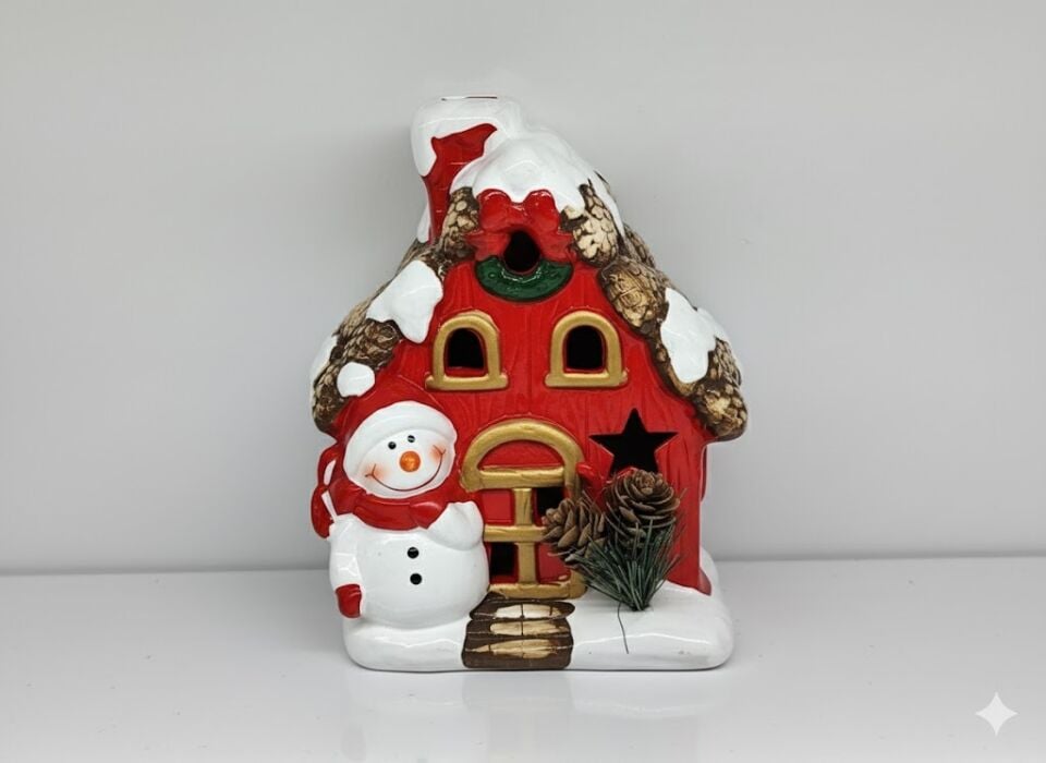 Biblo, Ev ve Kardan Adam, Kırmızı - Işıklı, Seramik