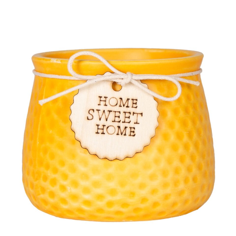 Seramik Saksı, 'Home Sweet Home' Aksesuarlı, Sarı - 10,5x8 cm