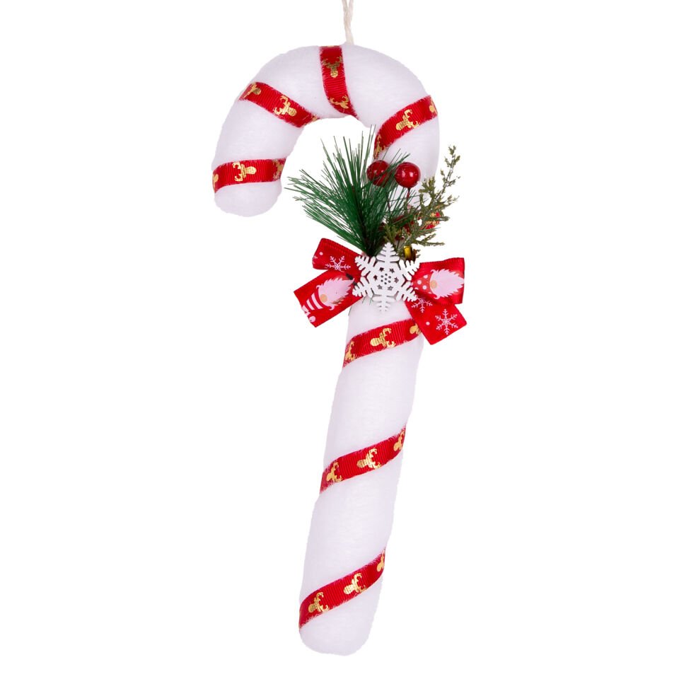 Yılbaşı Süsü, Baston, Yılbaşı Dekorlu, Kırmızı-Beyaz - 10x26 cm