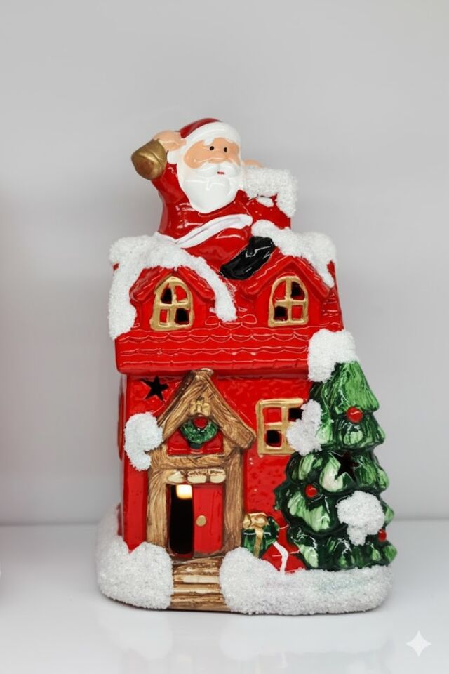 Biblo, Yılbaşı Evi, Noel Baba Figürlü - Işıklı, Seramik, Masa Süsü