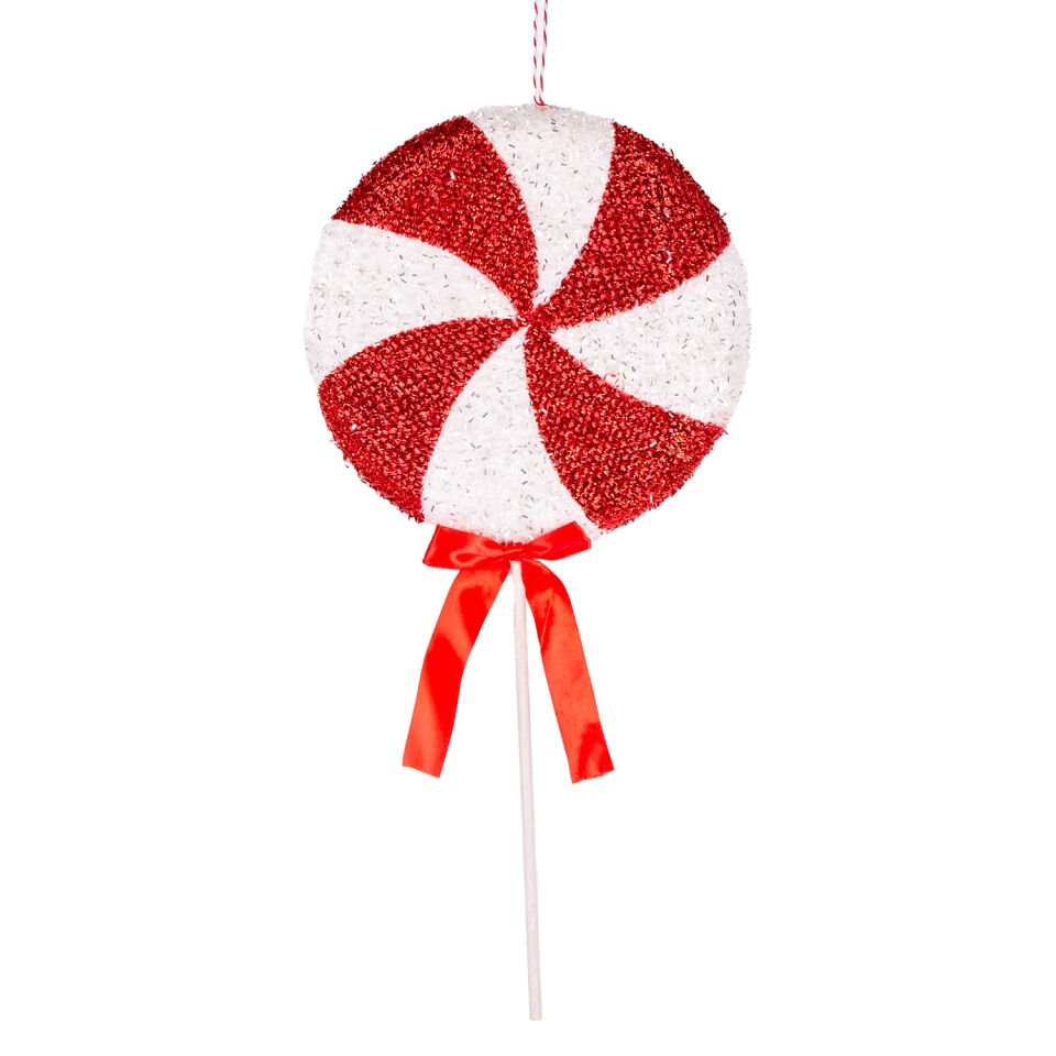 Yılbaşı Süsü, Şeker Figür, Kurdelalı, Kırmızı-Beyaz - 19x38 cm