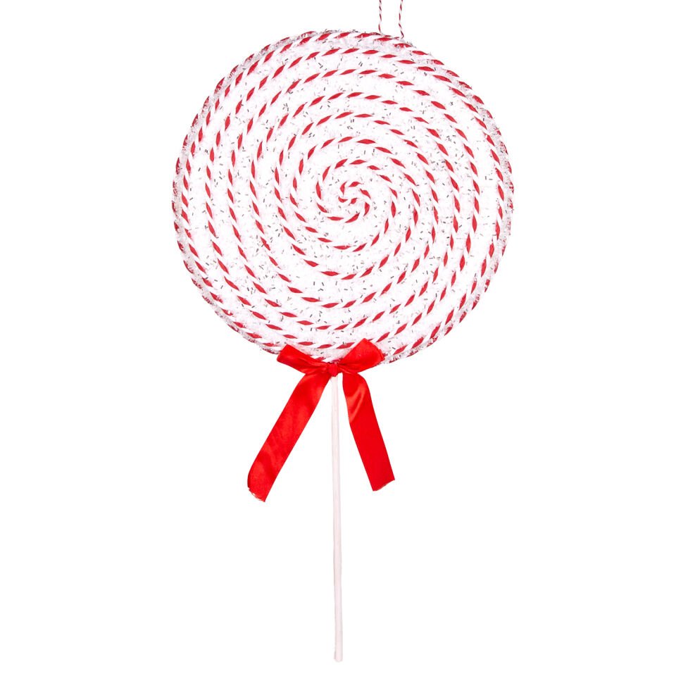 Yılbaşı Süsü, Şeker, Kurdelalı, Spiral İp Detaylı, Kırmızı-Beyaz - 24x49 cm