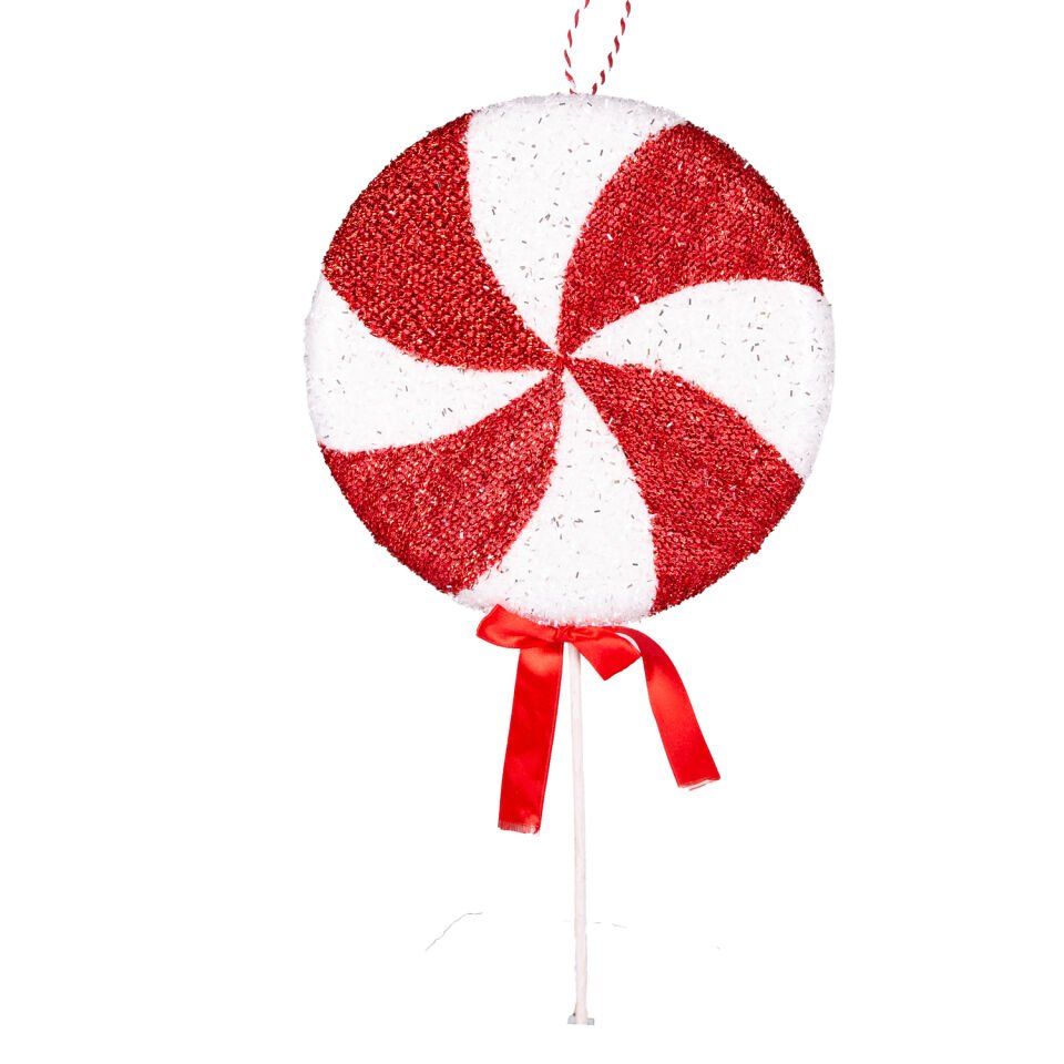 Yılbaşı Süsü, Şeker Figür, Kurdelalı, Kırmızı-Beyaz - 24x49 cm