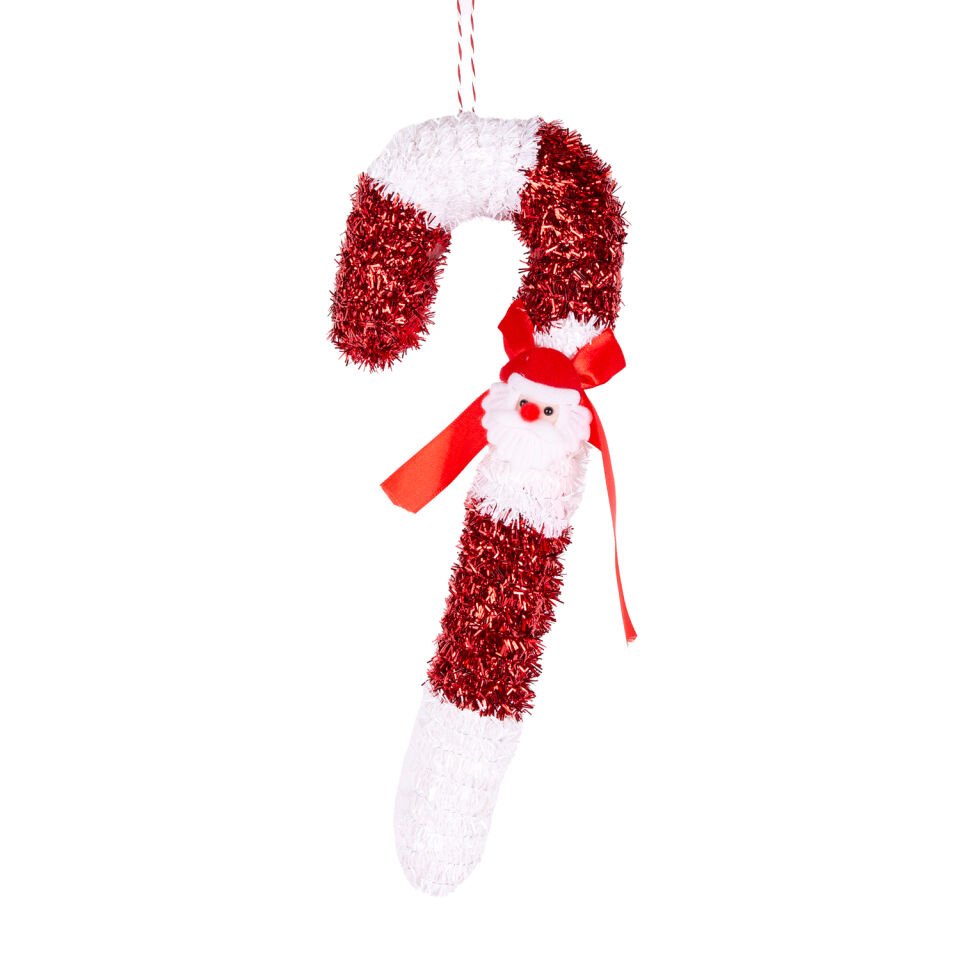 Yılbaşı Süsü, Baston, Noel Baba Figürlü, Kırmızı-Beyaz - 13x35 cm
