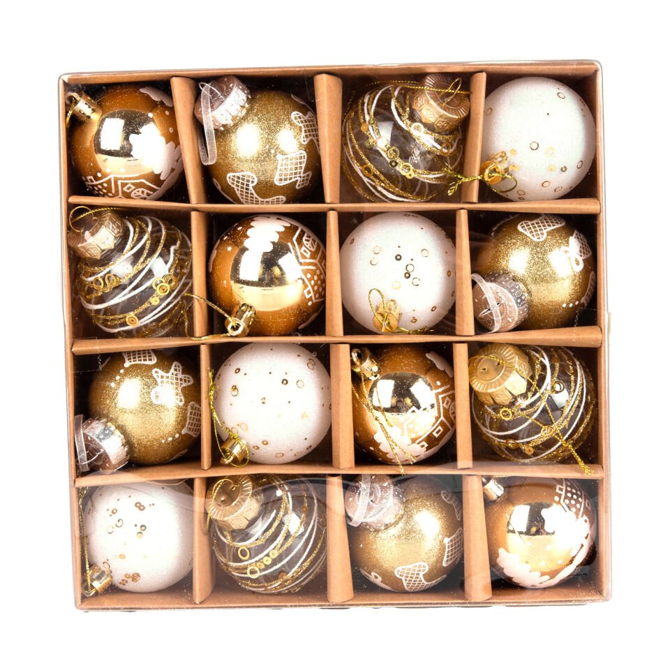 Yılbaşı Süsü, Yılbaşı Topu, Gold-Beyaz-Şeffaf - 16'lı Set, Noel Figürlü, 6 cm