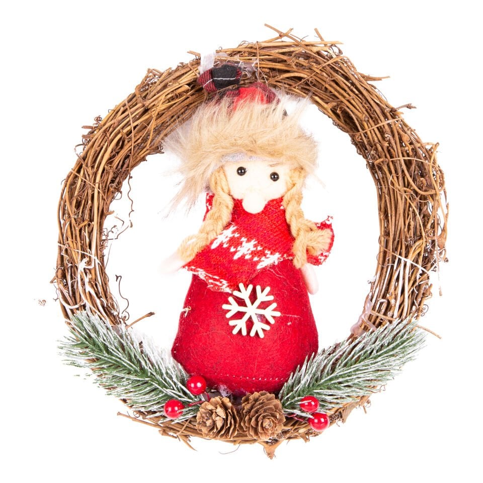 Yılbaşı Süsü, Çelenk, Kardan Kadın Figürlü, Kırmızı - 20x20 cm