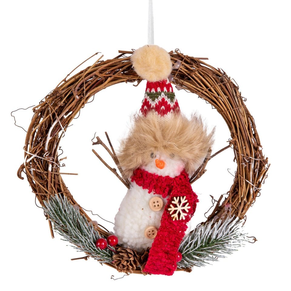 Yılbaşı Süsü, Çelenk, Kardan Adam Figürlü, Yeşil-Kırmızı - 20x20 cm