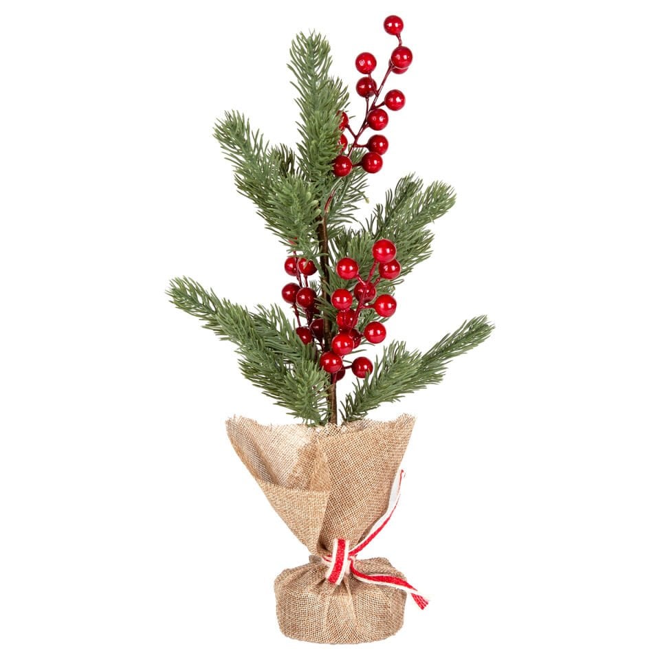 Yılbaşı Süsü, Masa Çamı, Kırmızı Berry'li, Yeşil - 18x37 cm