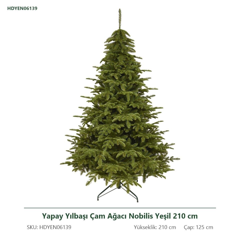 Yapay Yılbaşı Çam Ağacı Nobilis Yeşil 210 cm 2855 Dal Ucu - Gerçek Görünümlü Noel Ağacı, Çap 125 cm