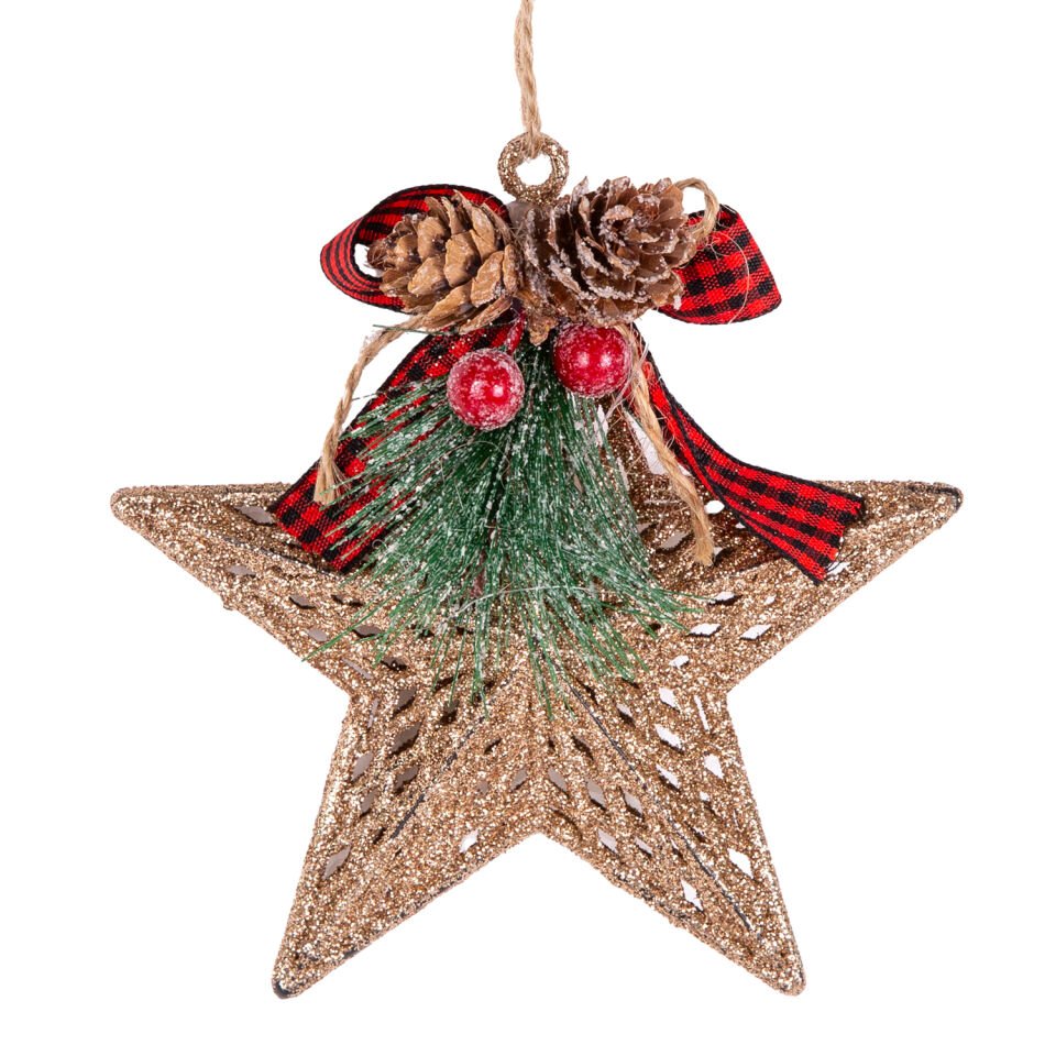 Yılbaşı Süsü, Yıldız, Gold - Üzeri Kurdele, kozalak, Çam dalı ve berry ile süslenmiş, Simli, 12x13 cm