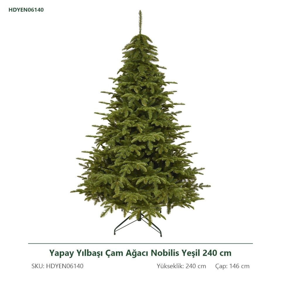Yapay Yılbaşı Çam Ağacı Nobilis Yeşil 240 cm 3673 Dal Ucu - Gerçek Görünümlü Noel Ağacı, Çap 146 cm