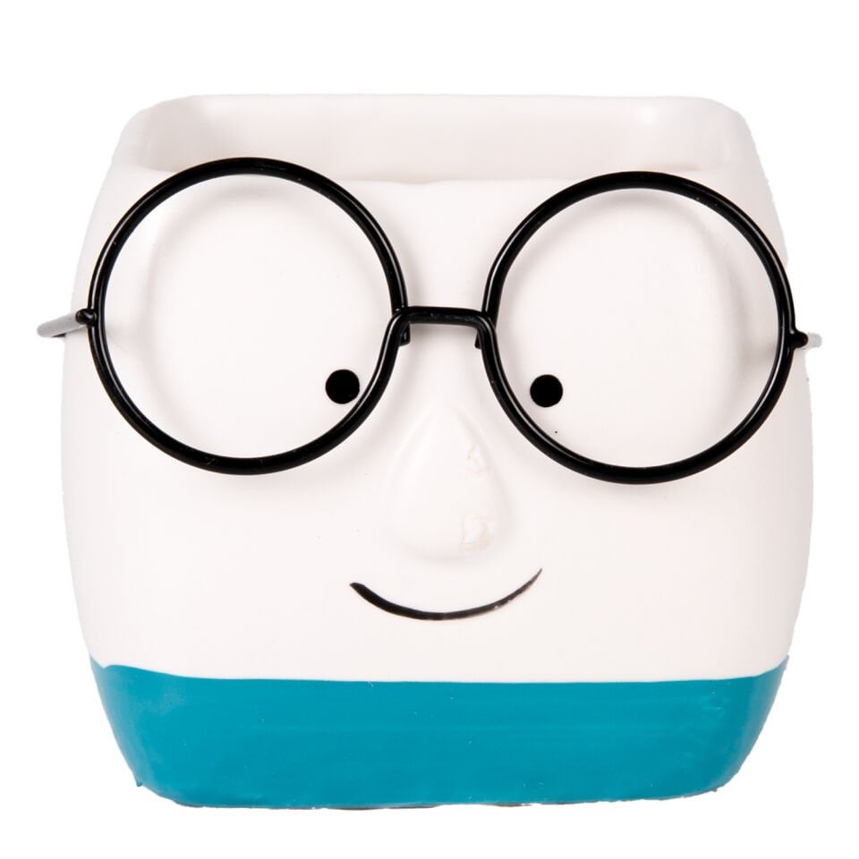 Seramik Saksı, Gözlüklü, Beyaz-Mavi - 7x7 cm