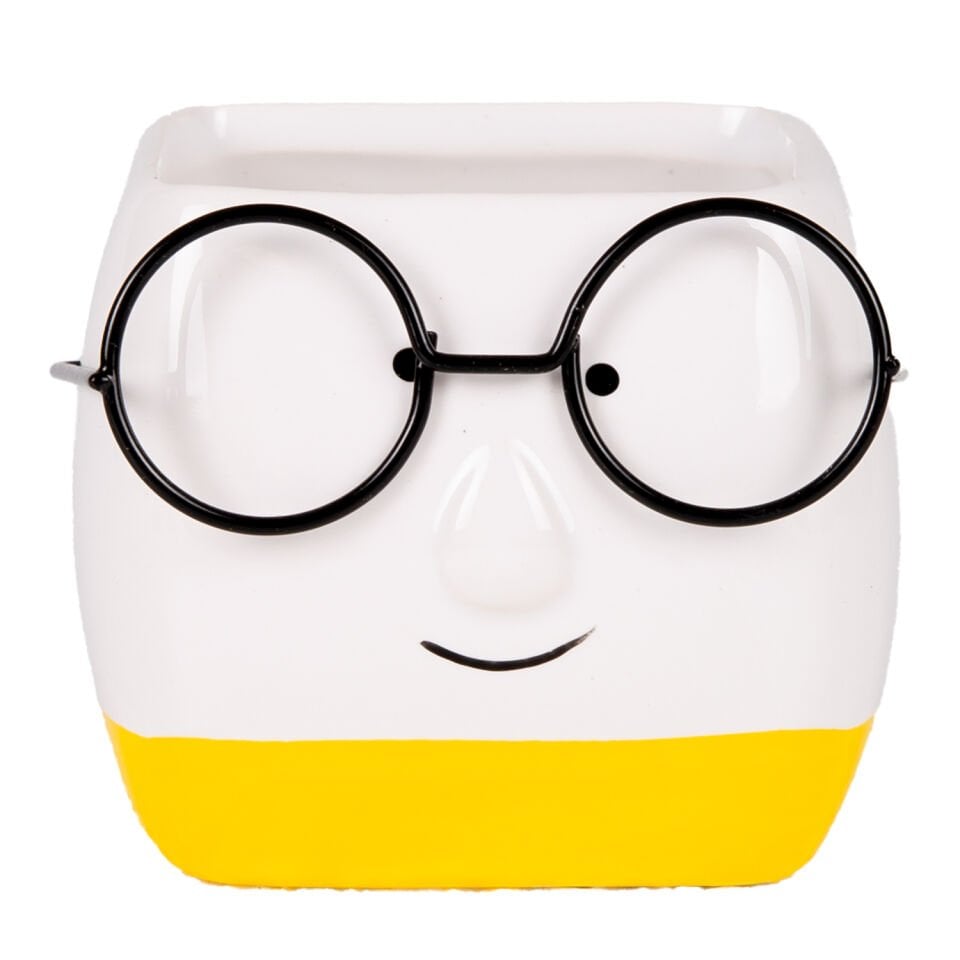 Seramik Saksı, Gözlüklü, Beyaz-Sarı - 7x7 cm