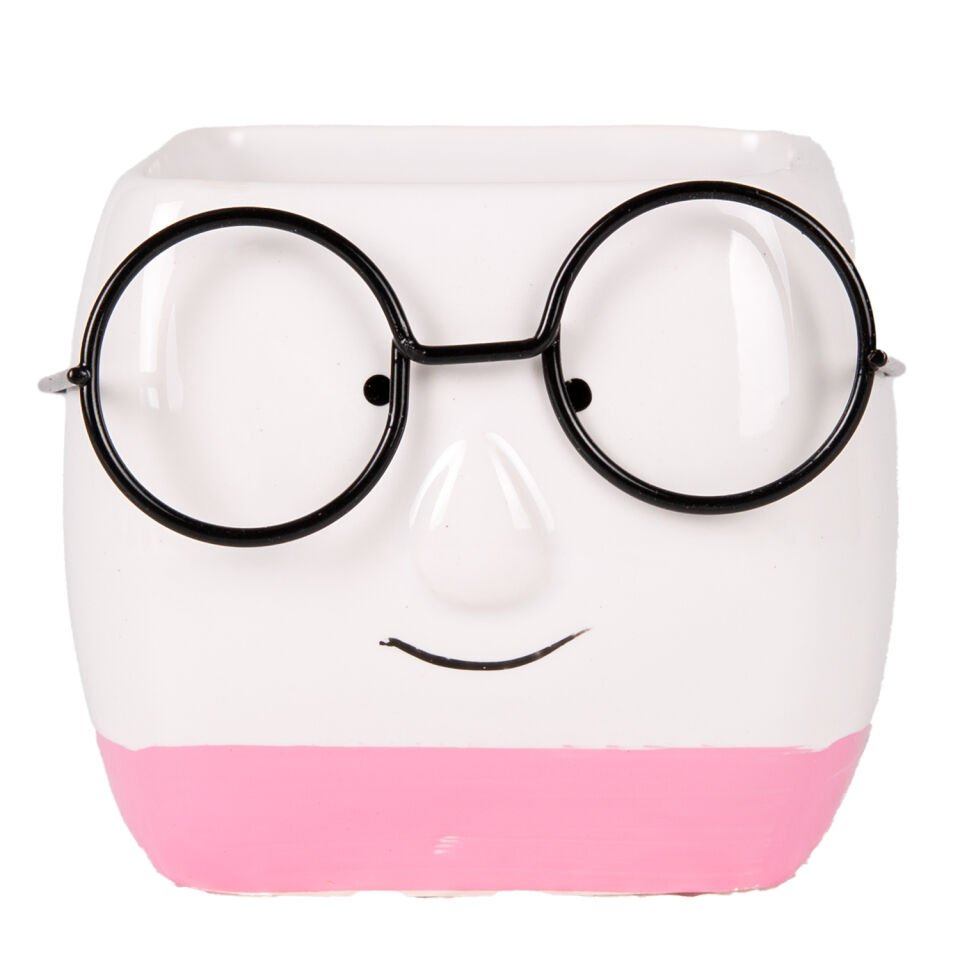 Seramik Saksı, Gözlüklü, Beyaz-Pembe - 7x7 cm