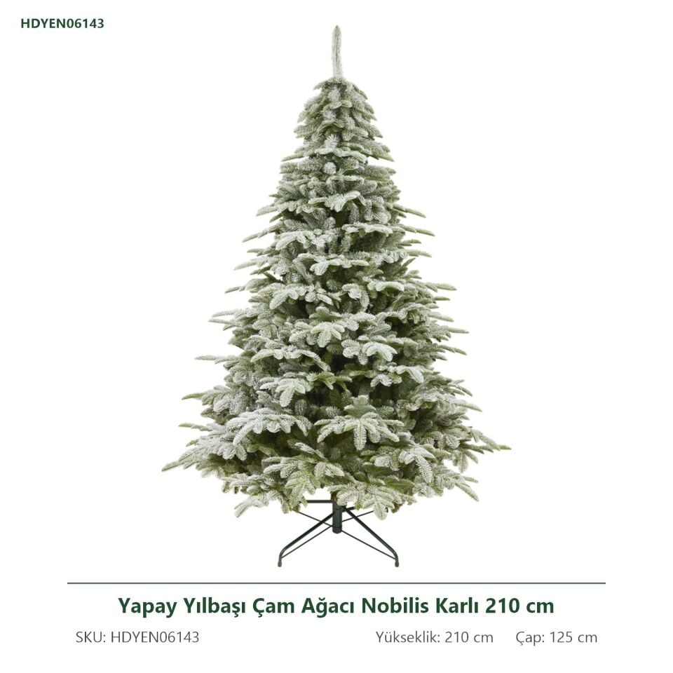 Yapay Yılbaşı Çam Ağacı Nobilis Karlı 210 cm 2855 Dal Ucu - Kar Yağmış Görünümlü Noel Ağacı, Çap 125 cm