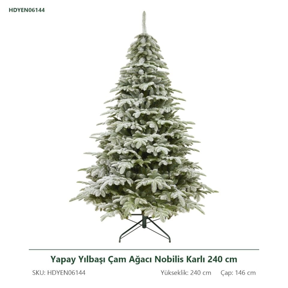Yapay Yılbaşı Çam Ağacı Nobilis Karlı 240 cm 3673 Dal Ucu - Kar Yağmış Görünümlü Noel Ağacı, Çap 146 cm