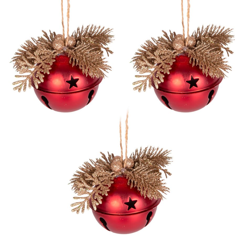 Yılbaşı Süsü, Yılbaşı Topu, Çıngıraklı, Kırmızı-Gold - 3'lü Set, 8 cm
