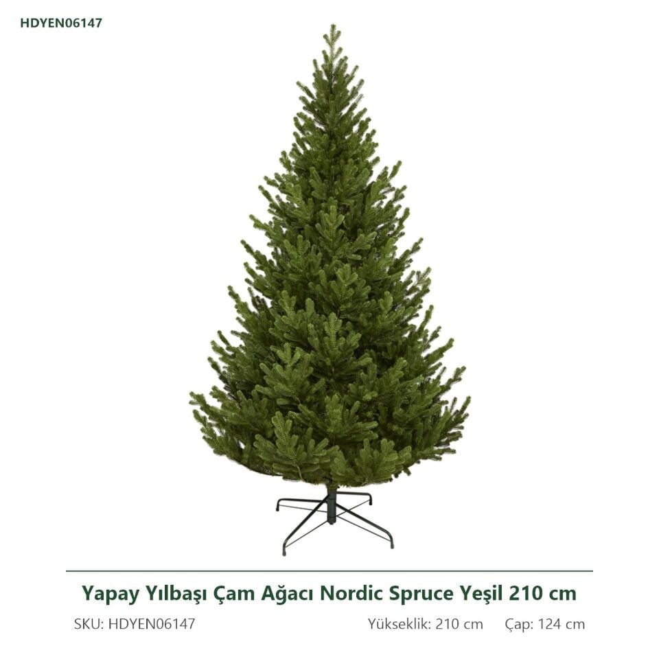Yapay Yılbaşı Çam Ağacı Nordic Spruce Yeşil 210 cm 4805 Dal Ucu - Gerçek Görünümlü Noel Ağacı, Çap 124 cm