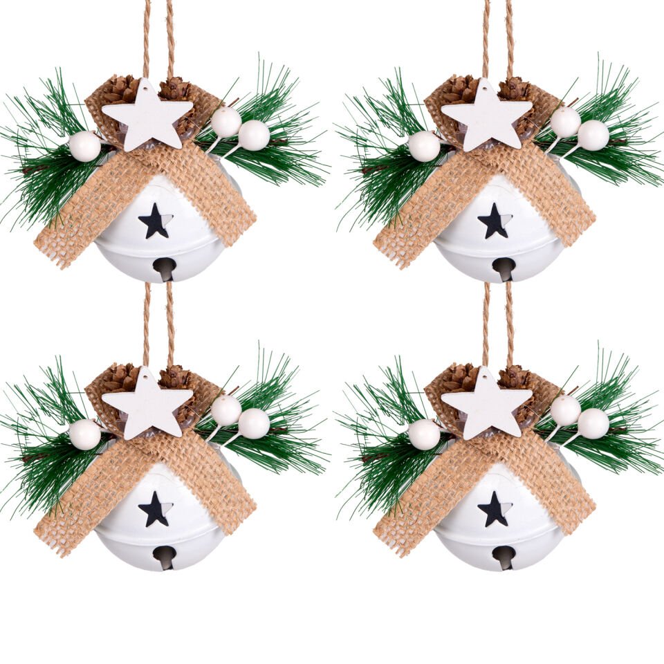 Yılbaşı Süsü, Yılbaşı Topu, Çıngıraklı, Beyaz - 4'lü Set, 6x7 cm