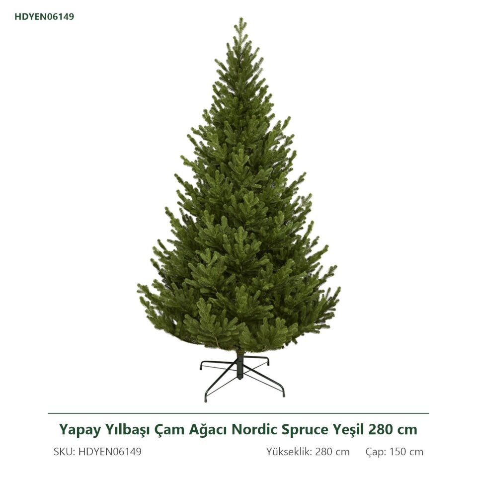 Yapay Yılbaşı Çam Ağacı Nordic Spruce Yeşil 280 cm 8247 Dal Ucu - Gerçek Görünümlü Noel Ağacı, Çap 150 cm