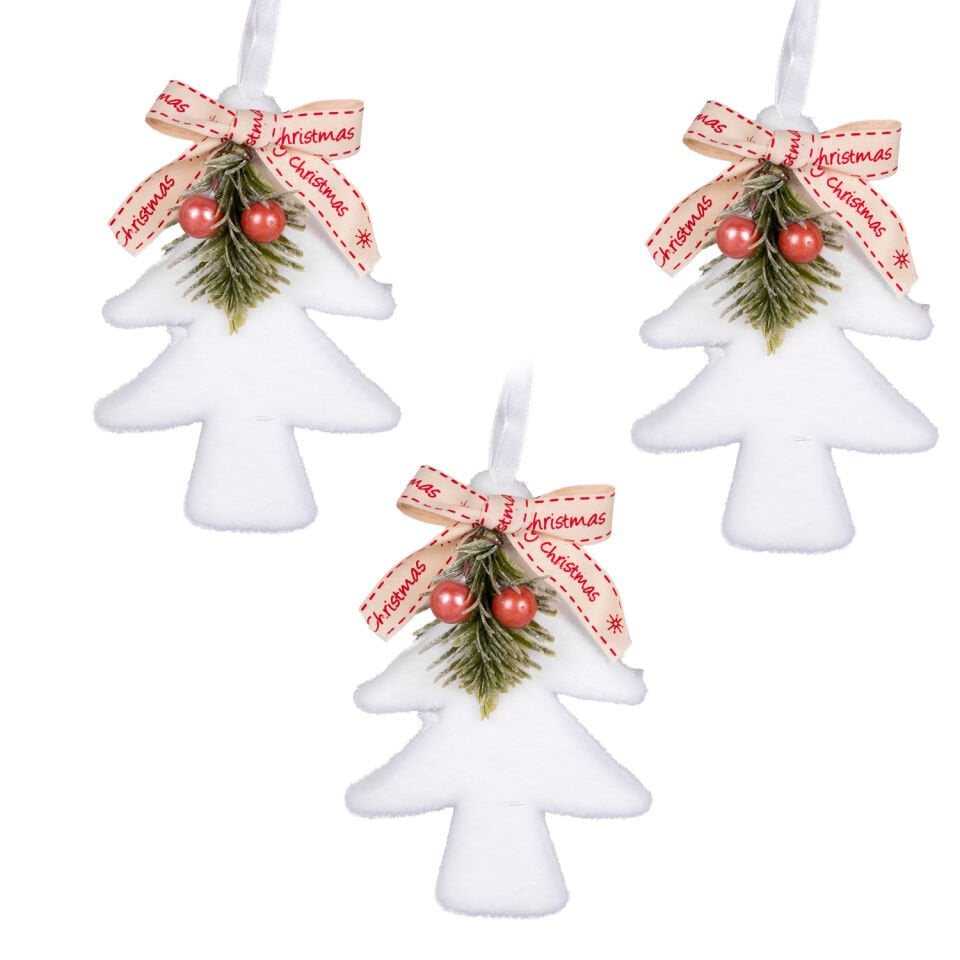 Yılbaşı Süsü, Çam Ağacı Figür, Beyaz - 3'lü Set, 9x14 cm