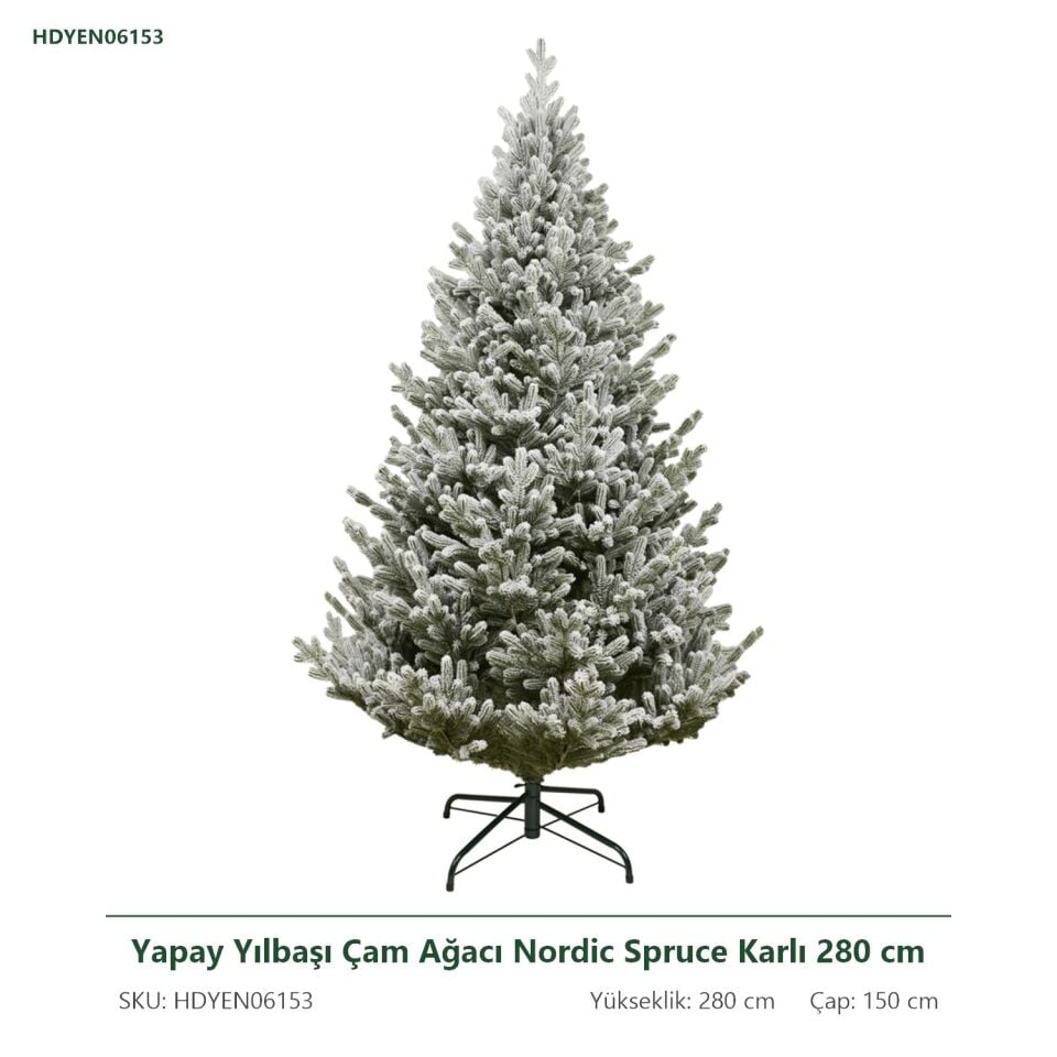 Yapay Yılbaşı Çam Ağacı Nordic Spruce Karlı 280 cm 8247 Dal Ucu - Kar Yağmış Görünümlü Noel Ağacı, Çap 150 cm