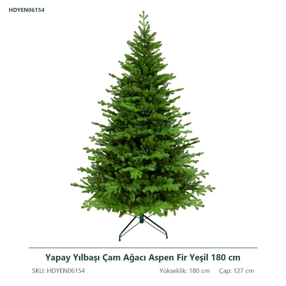 Yapay Yılbaşı Çam Ağacı Aspen Fir Yeşil 180 cm 2383 Dal Ucu - Gerçek Görünümlü Noel Ağacı, Çap 127 cm