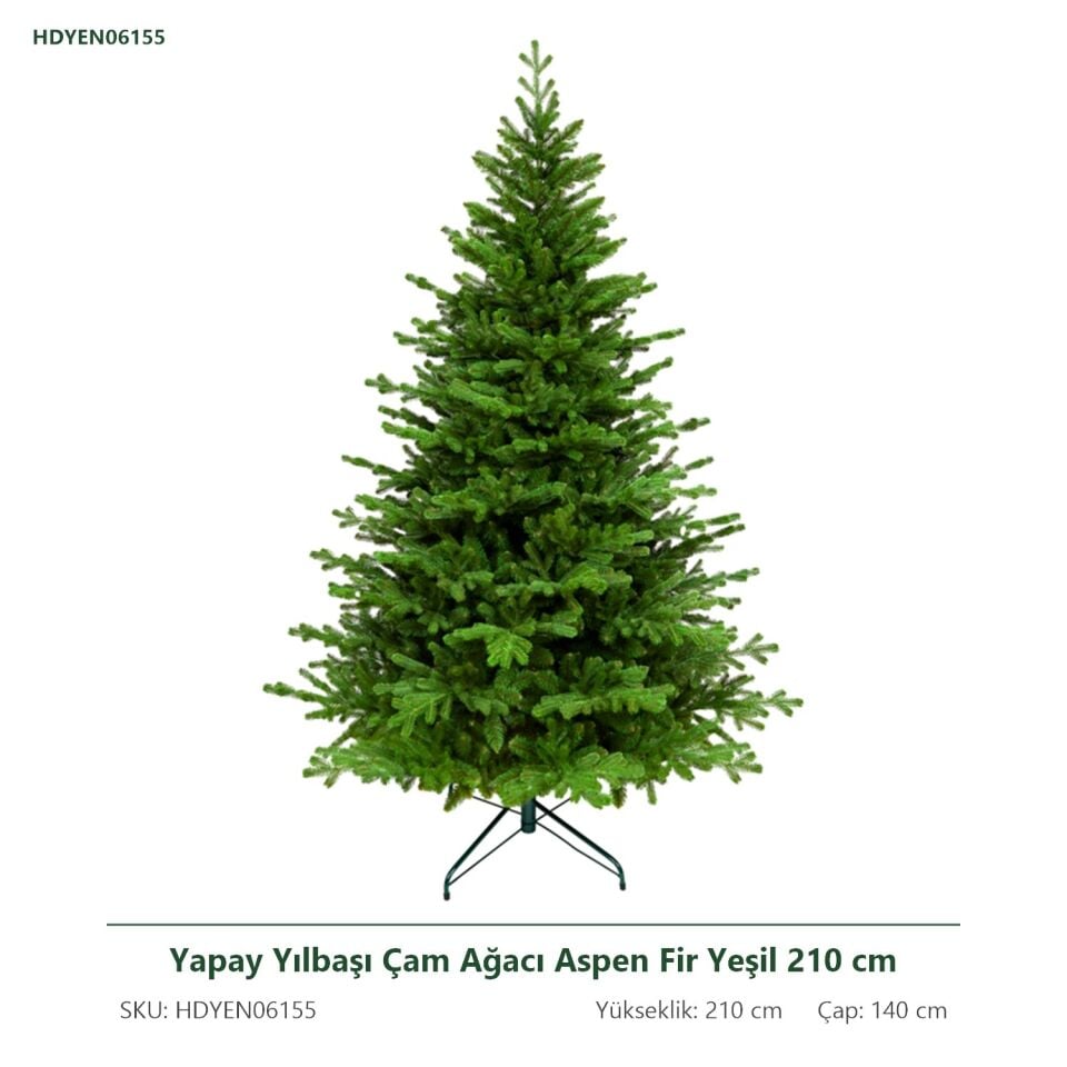 Yapay Yılbaşı Çam Ağacı Aspen Fir Yeşil 210 cm 3283 Dal Ucu - Gerçek Görünümlü Noel Ağacı, Çap 140 cm
