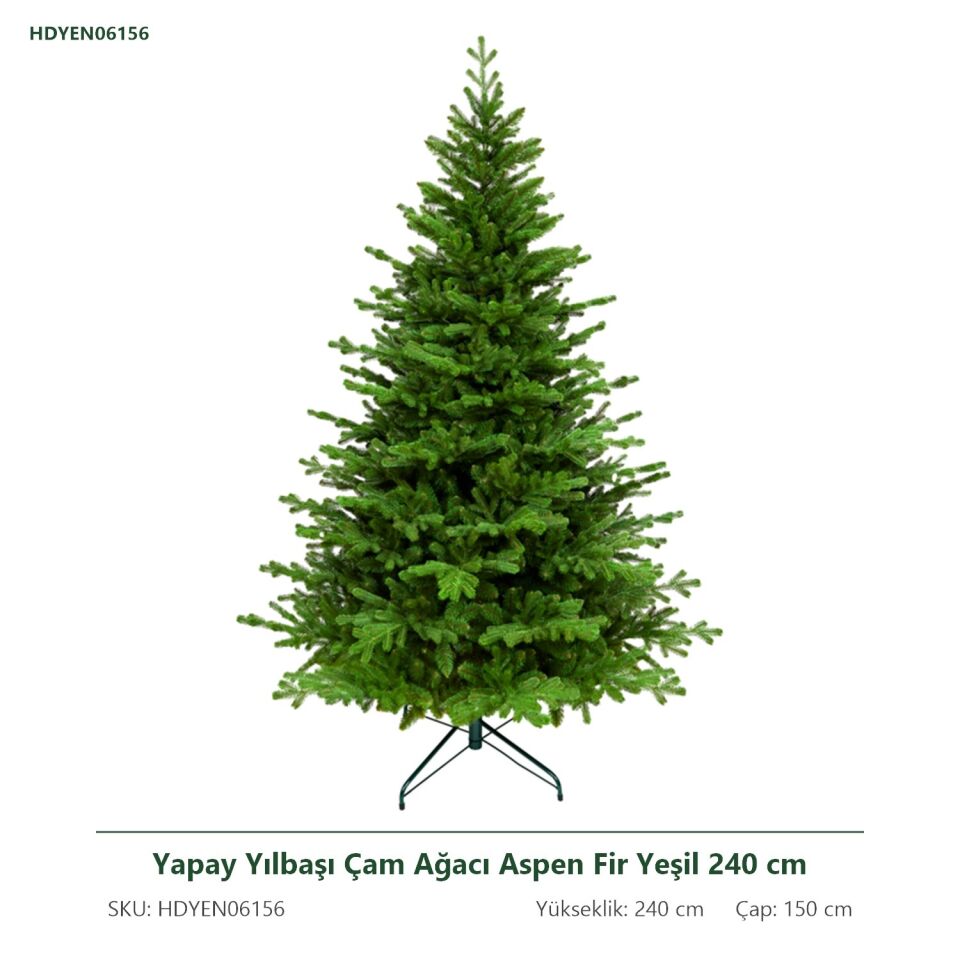 Yapay Yılbaşı Çam Ağacı Aspen Fir Yeşil 240 cm 4219 Dal Ucu - Gerçek Görünümlü Noel Ağacı, Çap 150 cm