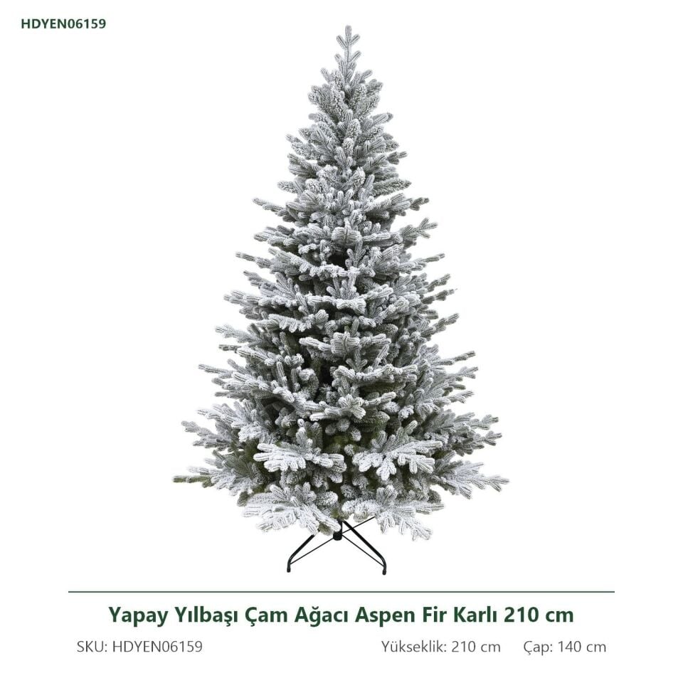 Yapay Yılbaşı Çam Ağacı Aspen Fir Karlı 210 cm 3283 Dal Ucu - Kar Yağmış Görünümlü Noel Ağacı, Çap 140 cm