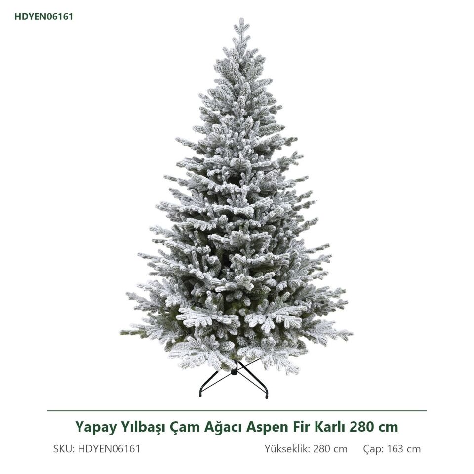 Yapay Yılbaşı Çam Ağacı Aspen Fir Karlı 280 cm 4763 Dal Ucu - Kar Yağmış Görünümlü Noel Ağacı, Çap 163 cm