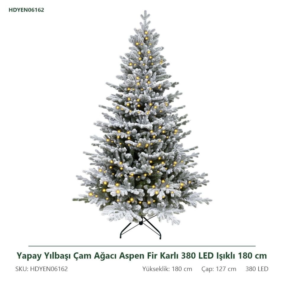 Yapay Yılbaşı Çam Ağacı Aspen Fir Karlı 380 LED Işıklı 180 cm 2383 Dal Ucu - Kar Yağmış Görünümlü Noel Ağacı, Çap 127 cm