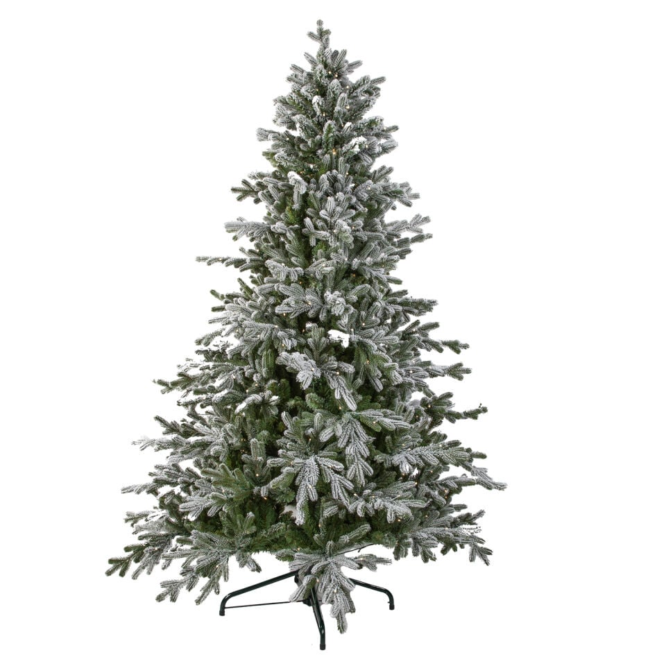 Yapay Yılbaşı Çam Ağacı Aspen Fir Karlı 380 LED Işıklı 180 cm 2383 Dal Ucu - Kar Yağmış Görünümlü Noel Ağacı, Çap 127 cm