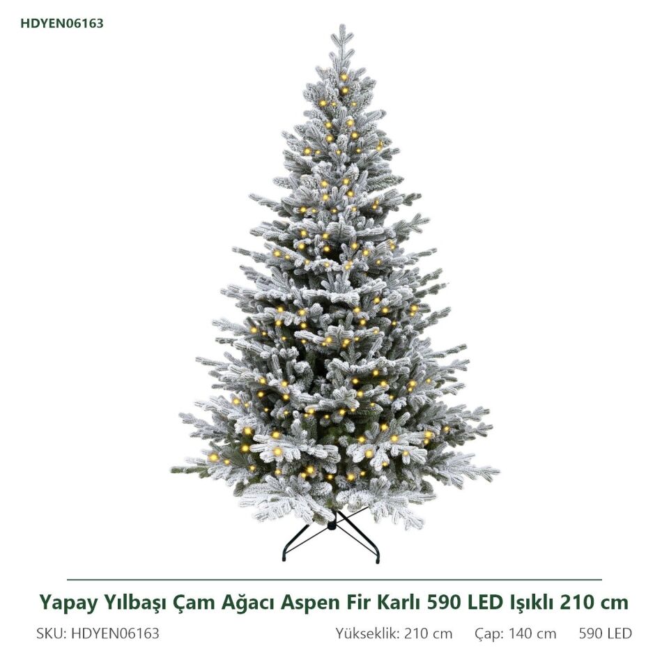 Yapay Yılbaşı Çam Ağacı Aspen Fir Karlı 590 LED Işıklı 210 cm 3283 Dal Ucu - Kar Yağmış Görünümlü Noel Ağacı, Çap 140 cm