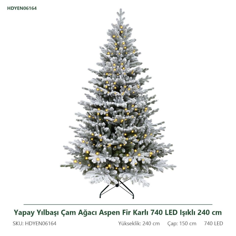 Yapay Yılbaşı Çam Ağacı Aspen Fir Karlı 740 LED Işıklı 240 cm 4219 Dal Ucu - Kar Yağmış Görünümlü Noel Ağacı, Çap 150 cm