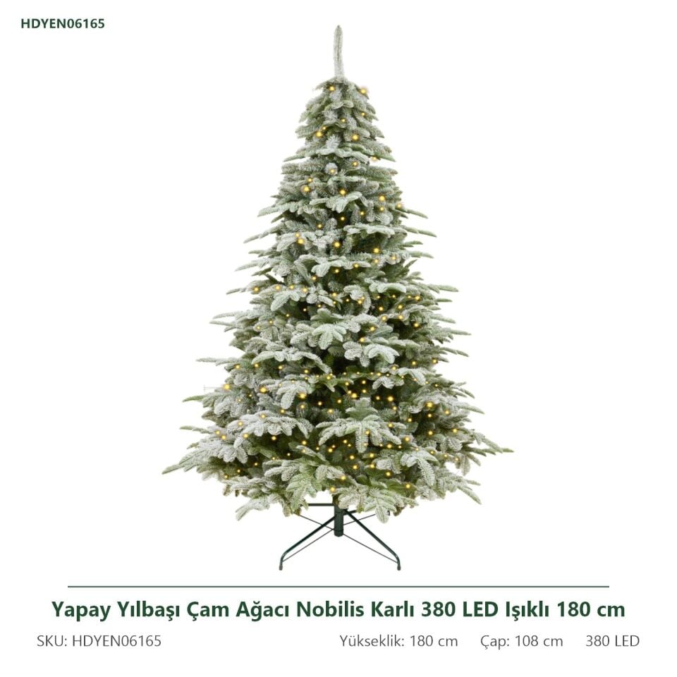 Yapay Yılbaşı Çam Ağacı Nobilis Karlı 380 LED Işıklı 180 cm 2103 Dal Ucu - Kar Yağmış Görünümlü Noel Ağacı, Çap 108 cm
