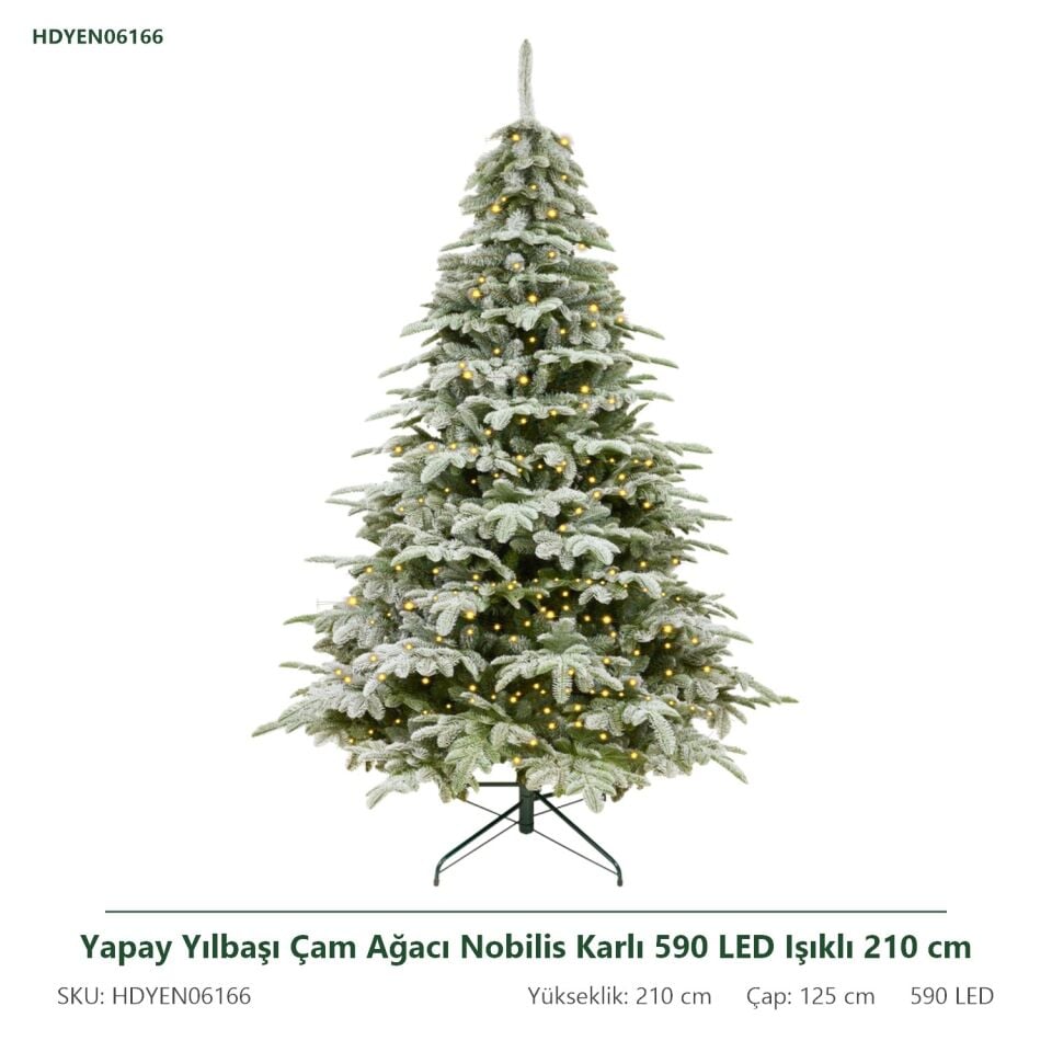 Yapay Yılbaşı Çam Ağacı Nobilis Karlı 590 LED Işıklı 210 cm 2855 Dal Ucu - Kar Yağmış Görünümlü Noel Ağacı, Çap 125 cm