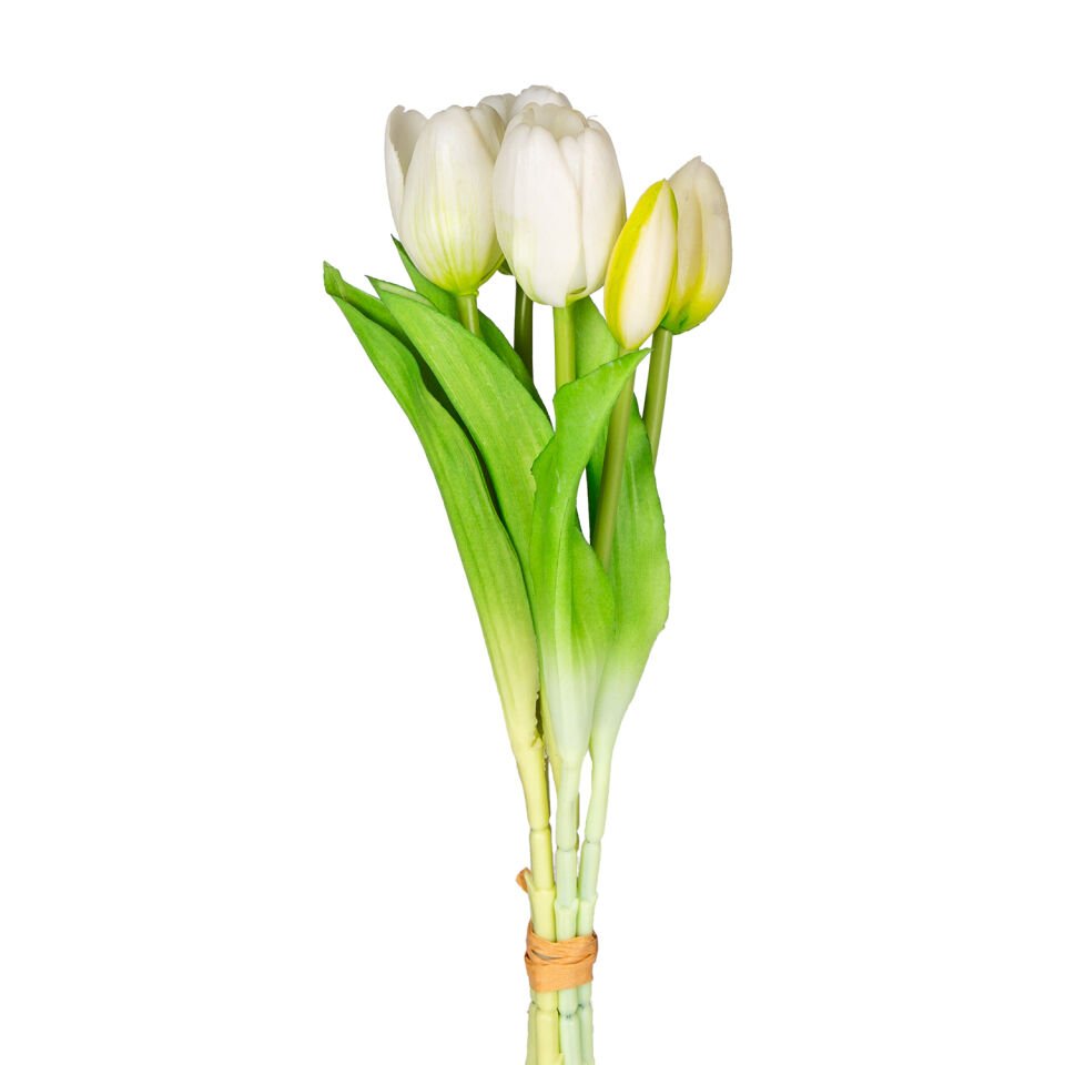 Yapay Lale Demet, Beyaz - 3 Çiçek, 2 Tomurcuklu, 33 cm