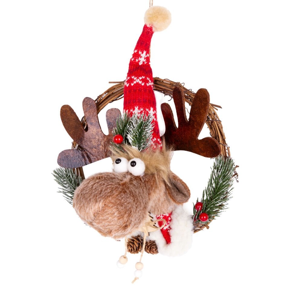 Yılbaşı Süsü, Çelenk, Geyik Figürlü, Kahverengi - 20x15x30 cm