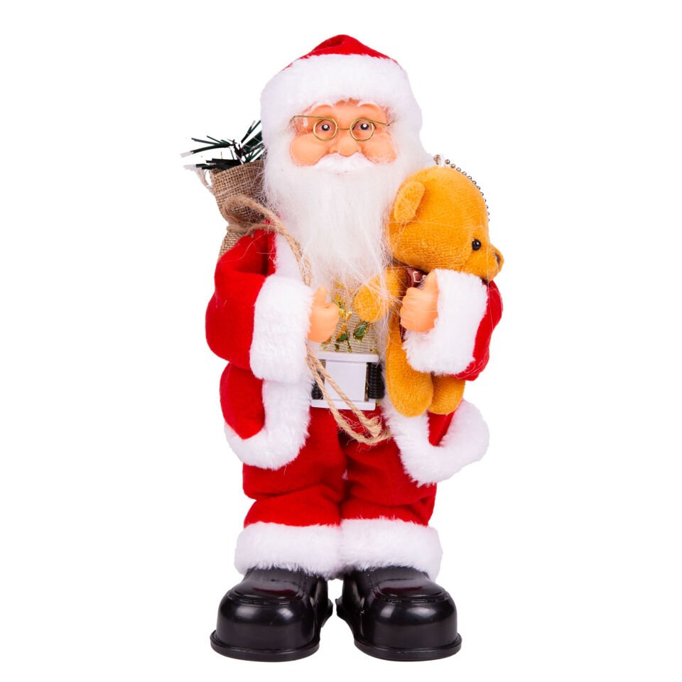 Yılbaşı Noel Baba, Peluş Ayı Figürlü, Işıklı, Hareketli, Müzikli, Kırmızı - 30 cm