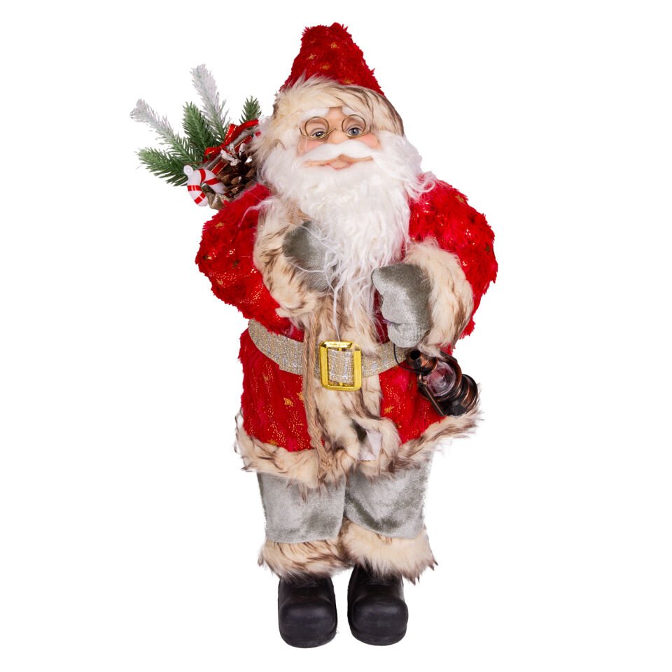 Yılbaşı Noel Baba, Gold Hediye Çuvallı, Yeşil Pantolonlu, Fenerli, Kırmızı-Yeşil - 45 cm