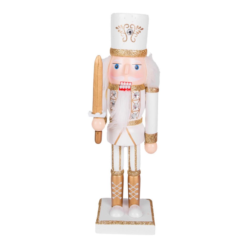 Yılbaşı Süsü, Kurşun Asker Fındıkkıran, Elmas Taş Detaylı, Kılıçlı, Simli, Gold-Beyaz - 25 cm