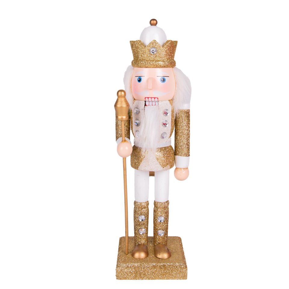 Yılbaşı Süsü, Kurşun Asker Fındıkkıran, Taçlı, Elmas Taş Detaylı, Simli, Gold-Beyaz - 25 cm