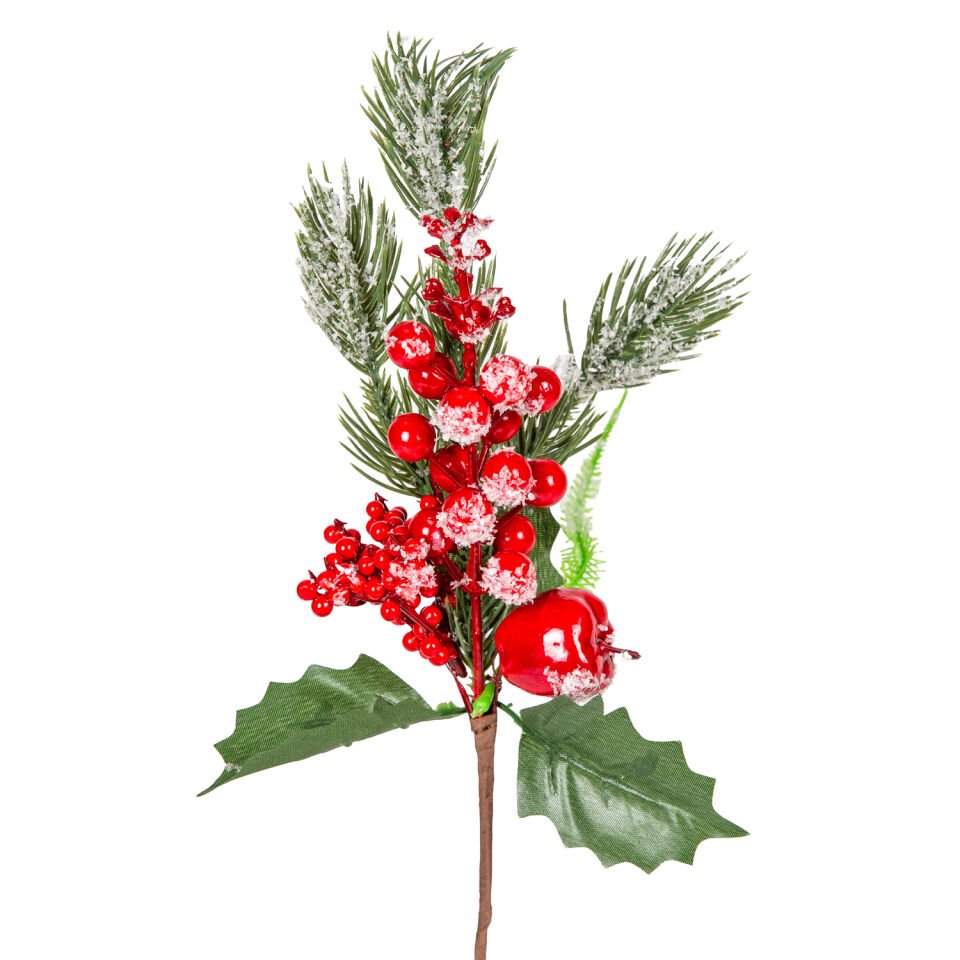 Yılbaşı Süsü, Pike Berry, Kırmızı-Yeşil - Elmalı, Kar Efektli, 27 cm