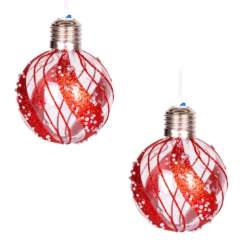 Yılbaşı Topu, Ampul, Led Işıklı, Simli, Boncuk Desenli, Kırmızı - 2'li Paket, 7 cm